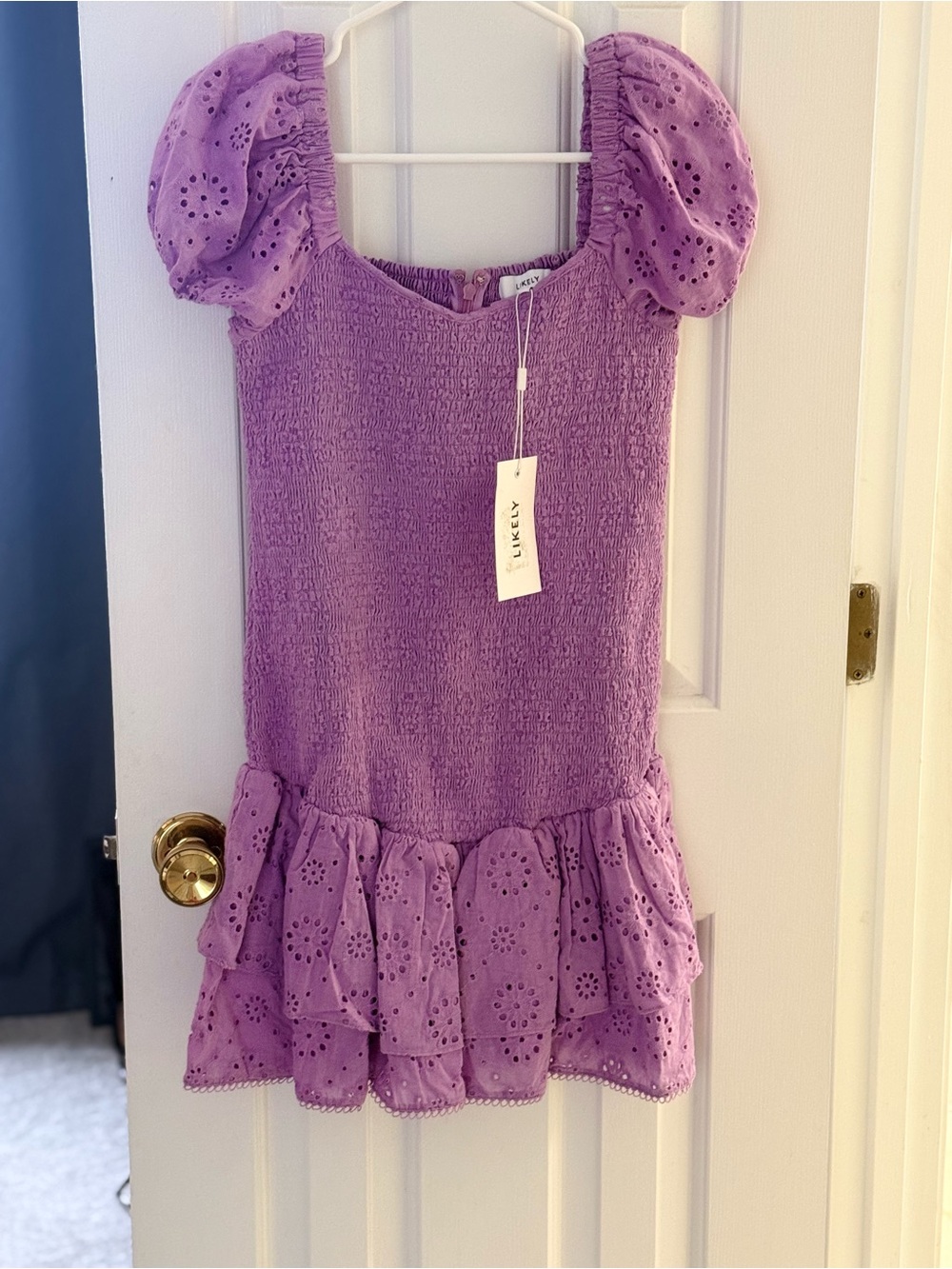 Likely Brand Lilac Eyelet Puff Sleeve Mini Dress